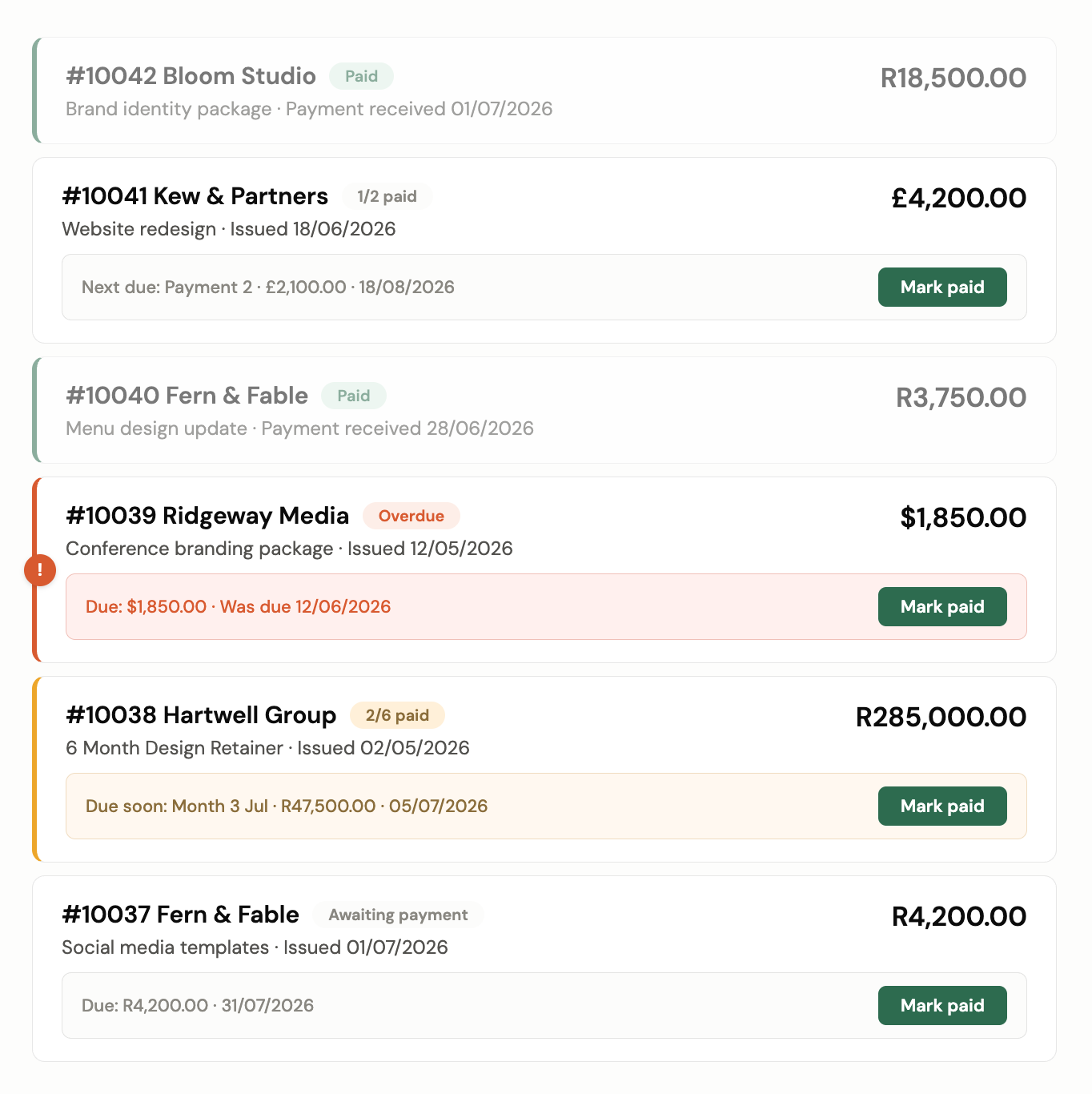 The cleaned-up invoices tab, showing clearer payment status indicators